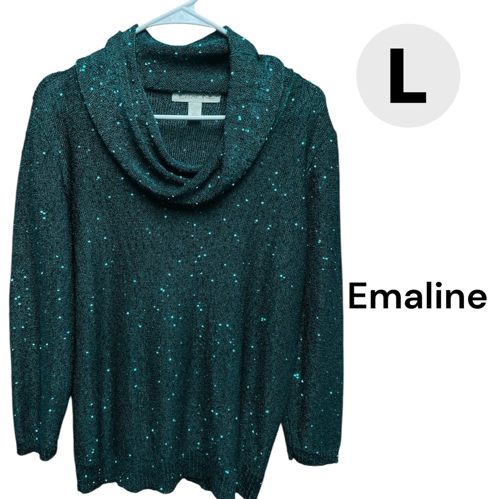 Emaline Sparkling Emerald Green Sequin Sweater 3/4 Sleeve Cowl Neck Excellent Lg